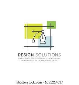 Vector Icon Style Illustration of Vector Graphics and Design Creation Process, Solutions, Options, Sales, Business and Visual Identity