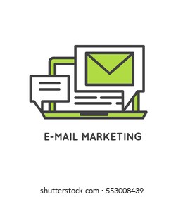 Vector Icon Style Illustration of Internet  and E-mail Marketing and Promotion Process Sending Letters to Users