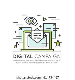 Vector Icon Style Illustration of Internet E-Mail or Mobile Notifications and Offer Marketing and Social Campaign. Promotion Process Concept
