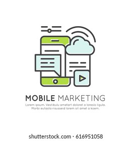 Vector Icon Style Illustration of Internet Mobile Marketing and Promotion Process Sending Letters to Users