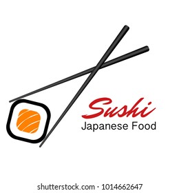 Vector Icon Style Illustration Logo of Asian Street Fast Food Bar or Shop, Sushi, Maki, Onigiri Salmon Roll with Chopsticks, Isolated Minimalistic Object