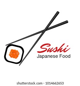 Vector Icon Style Illustration Logo of Asian Street Fast Food Bar or Shop, Sushi, Maki, Onigiri Salmon Roll with Chopsticks, Isolated Minimalistic Object