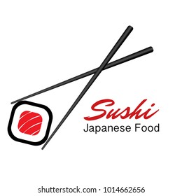 Vector Icon Style Illustration Logo of Asian Street Fast Food Bar or Shop, Sushi, Maki, Onigiri Salmon Roll with Chopsticks, Isolated Minimalistic Object
