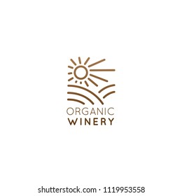 Vector Icon Style Illustration Logo of Organic Natural Winery or Wineyard, Quality Label or Badge for a Production Package or Bottle, Minimalistic Outline Concept with Field and Sun