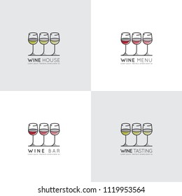 Vector Icon Style Illustration Logo of Winery or Wine Bar or Restaurant, Menu List Picture, Red, Rose and White Drink in Wineglass. Minimalistic Outline Concept