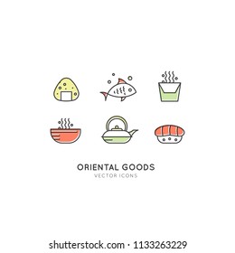 Vector Icon Style Illustration Logo Set of Asian Street Fast Food Bar or Shop, Sushi, Maki, Onigiri Salmon Roll with Chopsticks, Noodles and Tea Kettle, Isolated Minimalistic Neon Window Sign