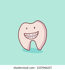 Vector Icon Style Illustration Logo Badge or Dental Tooth Braces, Aesthetics, Orthodontist. Cute tooth characters. Dental personage vector illustration. Illustration for children dentistry. 