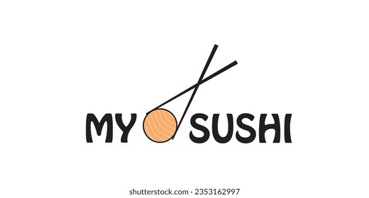 Vector Icon Style Illustration Logo of Asian Street Fast Food Bar or Shop, Sushi, Maki, Onigiri Salmon Roll with Chopsticks, Isolated Minimalistic Object