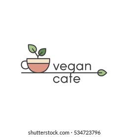 Vector Icon Style Illustration Logo for Vegan or Vegetarian Cafe or Bistro with Cup of Organic gGreen Tea and Fresh Green Leafs 