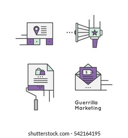 Vector Icon Style Illustration Logo Set of Guerrilla marketing advertisement strategy concept, businesses to promote products or services in an unconventional way with little budget