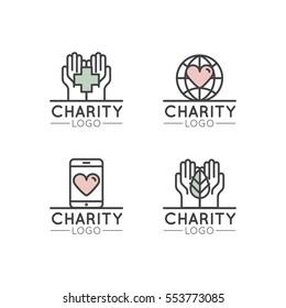 Vector Icon Style Illustration Logo Set For Nonprofit Organizations And Donation Centre. Fundraising Symbols, Crowdfunding And Charity Project Label