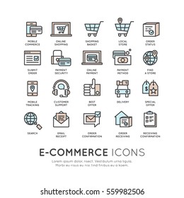 Vector icon style illustration logo thin line shipping services and facilities online shopping, delivery and returns, e-commerce and m-payment concept