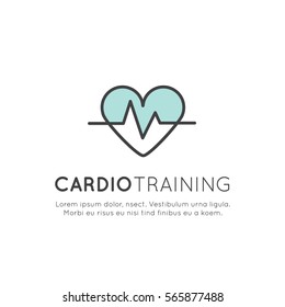 Ilustración de estilo vector Icono Logo de entrenamiento cardiovascular, fitness y gimnasio objeto de entrenamiento. Estilo de vida saludable, construcción de cuerpos y pulso de latido cardíaco