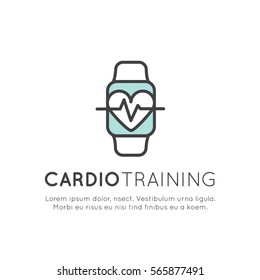Vector Icon Style Illustration Logo of  cardio training, fitness and gym workout object. Healthy lifestyle, Bodybuilding and Heart beat pulse, Mobile Tracking App and Watch