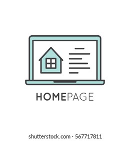 Vector icon style illustration logo thin line laptop and mobile phone app showing landing home page with house and window
