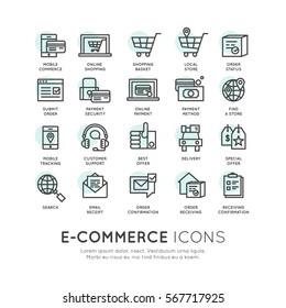 Vector icon style illustration logo thin line shipping services and facilities online shopping, delivery and returns, e-commerce and m-payment concept