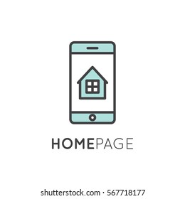 Vector icon style illustration logo thin line laptop and mobile phone app showing landing home page with house and window