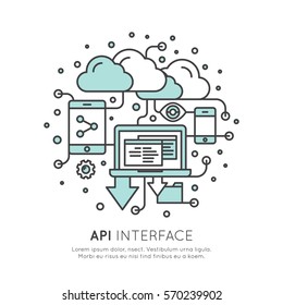 Vector Icon Style Illustration Logo Of API Application Programming Interface With Laptop, Cloud Data