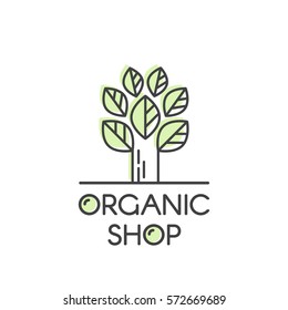 Vector Icon Style Illustration Logo for Organic Vegan Healthy Shop or Store. Green Tree Plant with Leafs Symbol