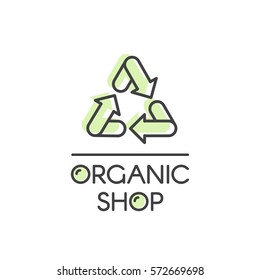 Vector Icon Style Illustration Logo for Organic Vegan Healthy Shop or Store. Green Recycle Sign 