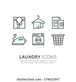 Vector Icon Style Illustration Logo Set Collection of Laundry Service, Washing and Cleaning Up Clothes, Dry Cleaning, Drying, Ironing and Household Care, Isolated Web Collection