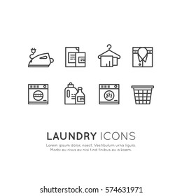 Vector Icon Style Illustration Logo Set Collection of Laundry Service, Washing and Cleaning Up Clothes, Dry Cleaning, Drying, Ironing and Household Care, Isolated Web Collection