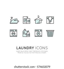 Vector Icon Style Illustration Logo Set Collection of Laundry Service, Washing and Cleaning Up Clothes, Dry Cleaning, Drying, Ironing and Household Care, Isolated Web Collection