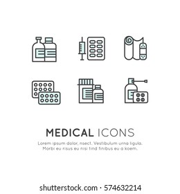 Vector Icon Style Illustration Logo Set Collection of Different Kinds of Medical, Cure, Treatment, Meds, Pills, Liquid Spray, Isolared Web Pictures