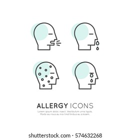 Vector Icon Style Illustration Logo Set Collection of Allergy, Food and Domestic Pet Intolerance, Skin Reaction, Eye and Nose Disease, Web Icons Isolated Collection