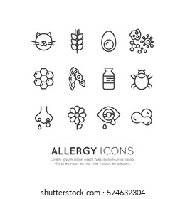 Vector Icon Style Illustration Logo Set Collection Of Allergy, Food And Domestic Pet Intolerance, Skin Reaction, Eye And Nose Disease, Web Icons Isolated Collection