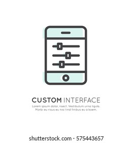 Vector Icon Style Illustration Logo of API Application Programming Interface, Custom Settings and Preferences, Sliders on Mobile Phone Screen Touch