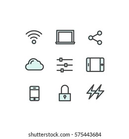 Vector Icon Style Illustration Logo Collection of Data Technology, Mobile and Internet Tools, Devices, Network Management, Networking and Cloud Computing, Isolated Web Symbols