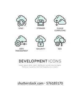 Vector Icon Style Illustration Logo Set  of Web, Mobile and App Development tools and processes, Cloud Security, Hosting, Seo, Sync, Storage, Isolated Simple Web Symbols
