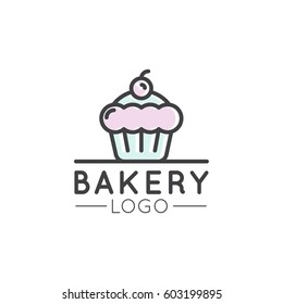 Vector Icon Style Illustration Logo Design for Fresh Bakery Products, Bread or Grocery Shop. Sweet Cupcake with Cream and Berry, Cartoon Style