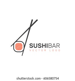 Vector Icon Style Illustration Logo of Asian Street Fast Food Bar or Shop, Sushi, Maki, Onigiri Salmon Roll with Chopsticks, Isolated Minimalistic Object