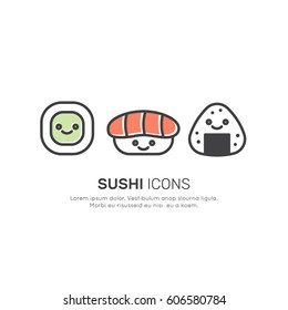 Vector Icon Style Illustration Logo of Asian Street Fast Food Bar or Shop, Sushi, Maki, Onigiri Salmon Roll with Chopsticks, Isolated Minimalistic Object