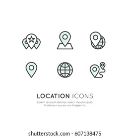 Conjunto de logotipo de ilustração de estilo de ícone vetorial da etiqueta de localização geográfica, marketing de proximidade, conexão de rede global, identificação de localização, objeto minimalista isolado