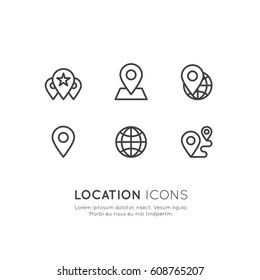 Vector Icon Style Illustration Logo Set of Geo Location Tag, Proximity, Global Network Connection, Location Identification, Isolated Minimalistic Object