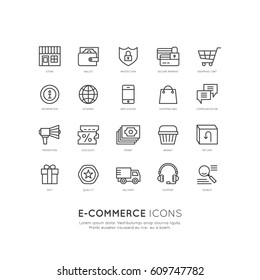 Vector icon style illustration logo thin line shipping services and facilities online shopping, delivery and returns, e-commerce and m-payment concept