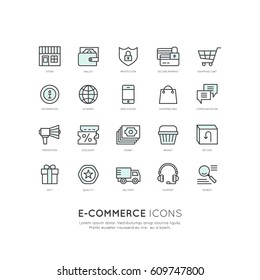 Vector icon style illustration logo thin line shipping services and facilities online shopping, delivery and returns, e-commerce and m-payment concept