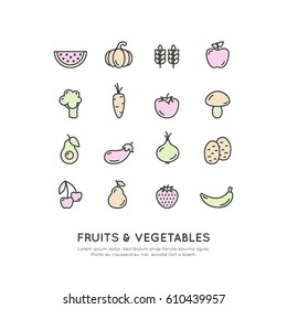 Vector Icon Style Illustration Logo for Organic Vegan Healthy Shop or Store. Green Natural Vegetable and Fruit Symbols, Farmer Market Countryside