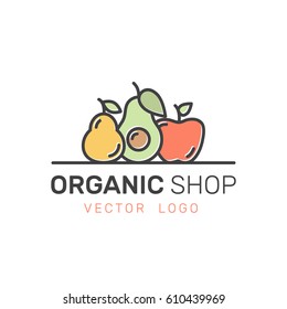 Vector Icon Style Illustration Logo for Organic Vegan Healthy Shop or Store. Green Natural Vegetable and Fruit Symbols, Farmer Market Countryside