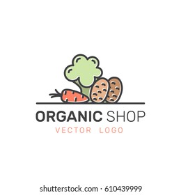 Vector Icon Style Illustration Logo for Organic Vegan Healthy Shop or Store. Green Natural Vegetable and Fruit Symbols, Farmer Market Countryside