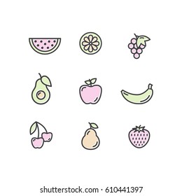 Vector Icon Style Illustration Logo for Organic Vegan Healthy Shop or Store. Green Natural Fruit Symbols, Farmer Market Countryside