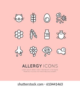 Vector Icon Style Illustration Logo Set Collection of Allergy, Food and Domestic Pet Intolerance, Skin Reaction, Eye and Nose Disease, Web Icons Isolated Collection