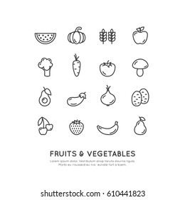 Vector Icon Style Illustration Logo for Organic Vegan Healthy Shop or Store. Green Natural Vegetable and Fruit Symbols, Farmer Market Countryside