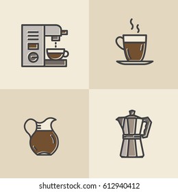 Vector Icon Style Illustration Logo Set of Coffee Shop, Custom Hot Drink Production, Factory, Store, Morning Breakfast Beverage, Isolated Minimalistic Object