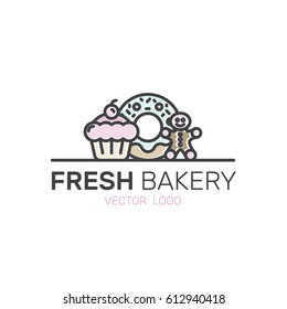 Vector Icon Style Illustration Logo of Bakery Sweet Shop Production, Custom Cakes, Bread Factory, Pretzel and Wheat, Donut, Cookie, Cupcake, Gingerman, Isolated Minimalistic Object