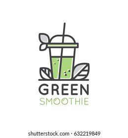 Vector Icon Style Illustration Logo for Vegan or Vegetarian Smoothie Fruit Drink Detox Bar Cafe with Leafs Fresh Natural Product, Diet Badge