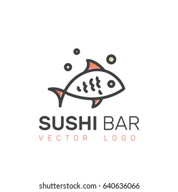 Vector Icon Style Illustration Logo of Asian Street Fast Food Bar or Shop, Sushi, Maki, Onigiri Salmon Roll with Chopsticks, Isolated Minimalistic Object